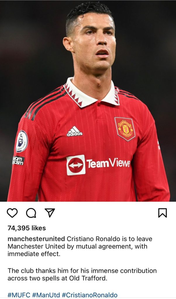 Manchester United terminate Ronaldo's contract with "immediate effect"